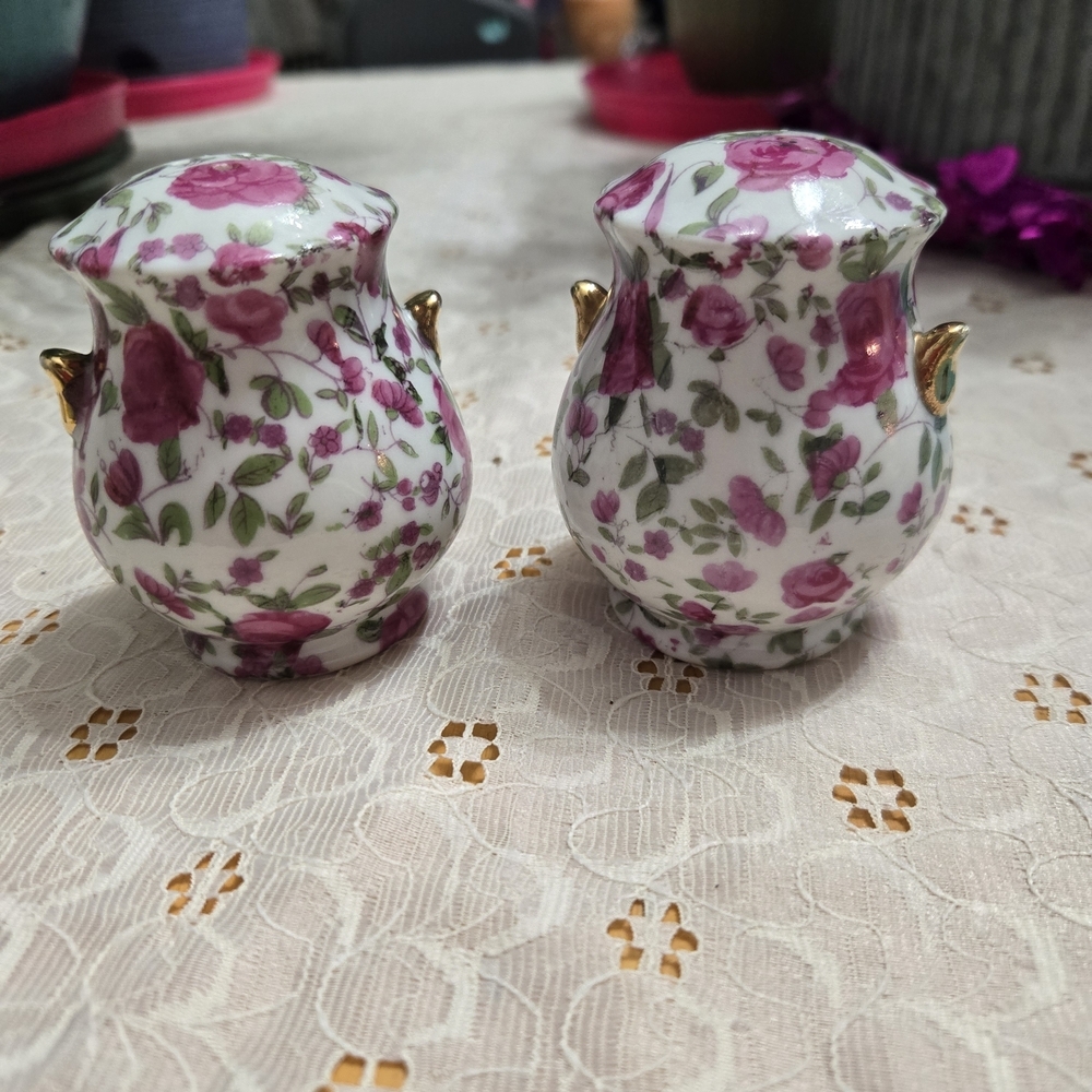 Vintage Enesco Pink Rose Chintz Floral Salt & Pepper Shaker Set